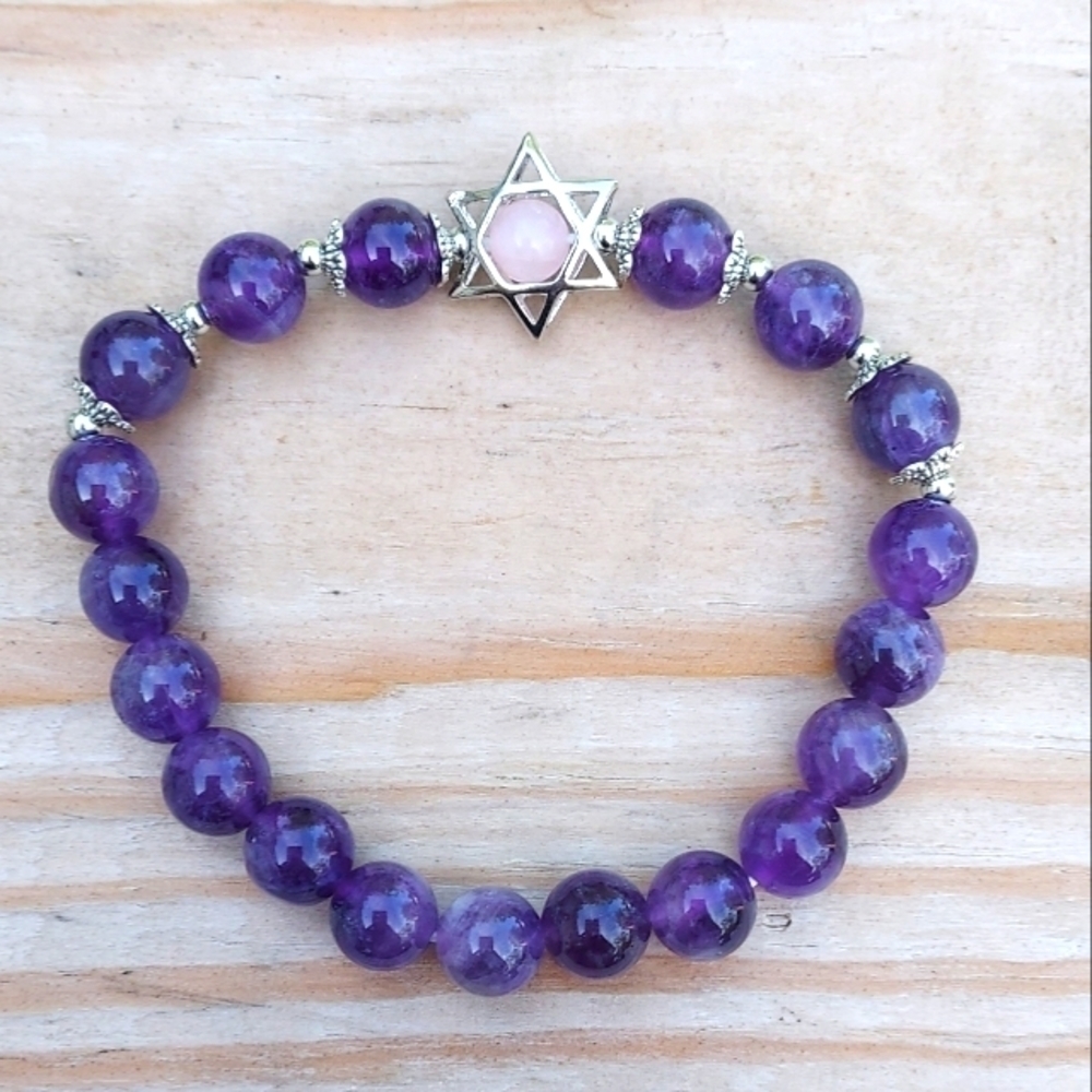 Beaded Bracelet Hexagon Star Healing Crystal Semi Precious Stone Stretch